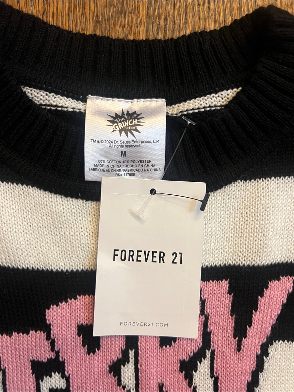 Forever 21 Black & White Striped Grinch Graphic Crewneck Sweater with Pink Text - Picture 2 of 5
